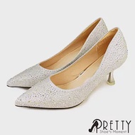 【Pretty】女 高跟鞋 新娘鞋 婚鞋 宴會鞋 包鞋 尖頭 金蔥 水鑽 高跟 細跟 JP22.5 銀色