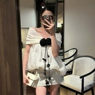 Women's Outfit Set, Off-the-Shoulder Silk Blouse with Floral Strings, Chunky Hem, Mixed with Bow-Emb