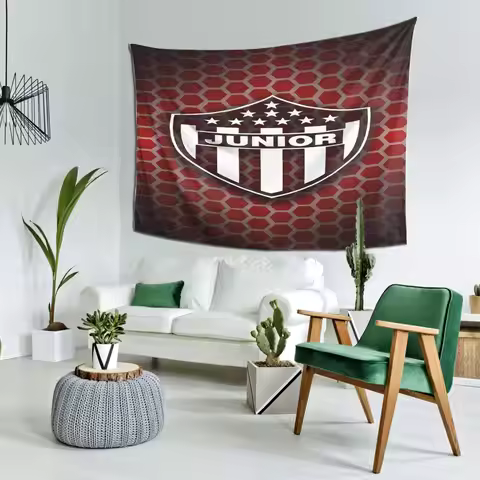 Junior FC Wall Tapestry - Red & Black Soccer Shield Design with Stars, Perfect for Living Room, Bedr