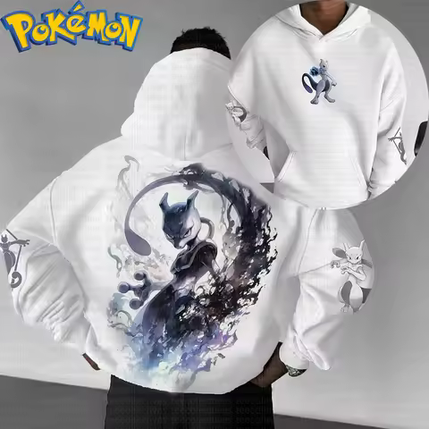 Pokemon Anime Mewtwo Cotton Hoodie White Character Print with Purple Ink Wash Effect Pattern Casual 