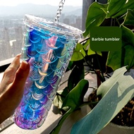 Starbucks Barbie tumbler 710ml Mermaid Scales Cup Fish Scale Cup Tumbler Double Layer Plastic Straw Cup