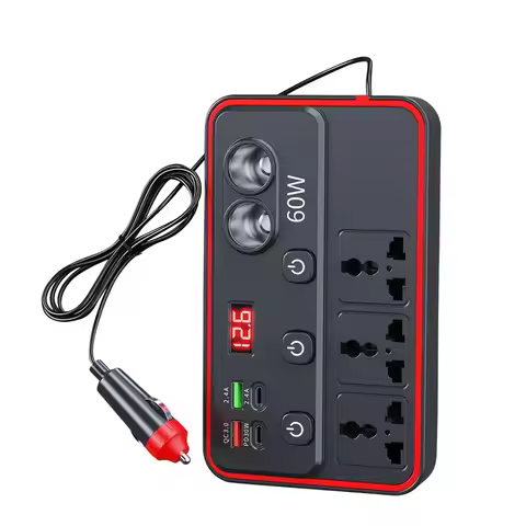 60W Car Power Inverter DC 12V To AC 220V 50Hz Cigarette Lighter Charger with QC 3.0 PD USB Ports and