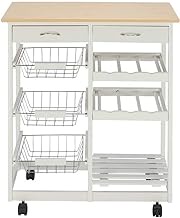 Home Office Moveable Kitchen Cart With Two Drawers &amp; Two Wine Racks &amp; Three Baskets White With Trolley Cart Dining