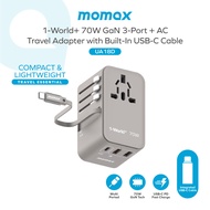 Adaptor Traveling อเนกประสงค์ MOMAX ปลั๊กตัวแปลงพลังงานระหว่างประเทศที่มี1 USB C (PD 70W) 2 USB พอร์
