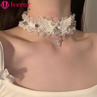 LVEROR Lace Necklace, Lace Rhinestone Cross Angel Wing Necklace, Cool Heart Pendant Solid Color Leat
