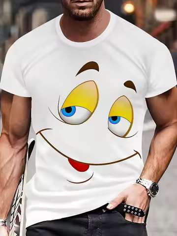 2025 Men's 3D Digital Print T-Shirt Vibrant Yellow Cartoon Face Graphic T Shirts Harajuku Funny Desi