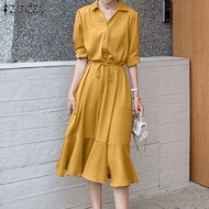 ZANZEA Korean Style Women Casual 3/4 Sleeve Ruffles Hem Plain Commute Midi Shirt Dress