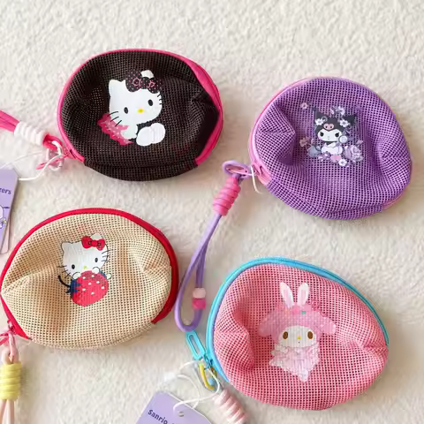 Sanrio Kawaii Mini Mesh Coin Purse with Hand Strap Hello Kitty Kuromi My Melody Small Zipper Pouch W
