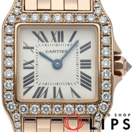 卡地亞 Santos Demoiselle 小號腕錶 WF9008Z8，鑲鑽錶圈，18K 白金，女士腕錶，拋光，成色極佳，二手，帶原裝錶盒、保固卡和維修手冊。