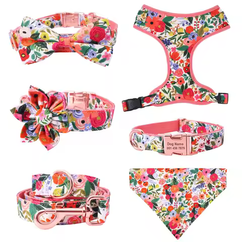 Classical Floral Dog Harness, Collar Flower Matching leash, Bandana, Shampoo Bag with Personalized N