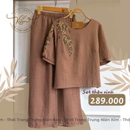 Sét bộ đũi vân mây trung niên cao cấp hoa văn hoạ tiết sang trọng Bigsize quần dài 90cm