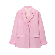 MUJER Feather ผู้หญิง Blazer ชุดสูทสีชมพูตรง Blazers ชุดผู้หญิง 2 ชิ้นแฟชั่นใหม่เสื้อและกางเกงผู้หญิ
