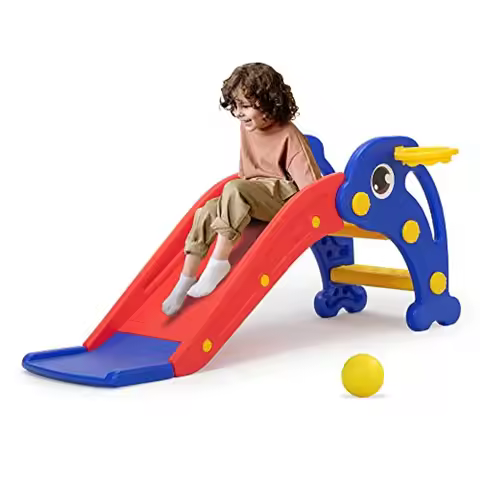 Baby Slide 3 in 1 Climber with Basketball Hoop and Ball, Red Toddler Plastic Playset Indoor Outdoor 