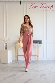 Top Trend JL56 ชุดจั้มสูทหญิงจั้มสูทขายาว ซิปหน้า แขน3/4 ลูกไม้ลายมงกุฎ (M34-38”) ชุดผู้หญิง ชุดออกง