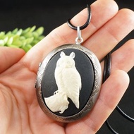 黑白貓頭鷹浮雕橢圓相片盒紀念墜飾項鍊飾品