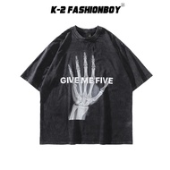 [K-2] GIVE ME FIVE Skull Finger Bone High Flash Washed Short T Sleeve Top Brushed Old Feeling Loose 