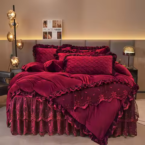 AI WINSURE Winter Embroidered Velvet Duvet Cover Set King Double Queen Size 4pcs Bedding Set Lace Be