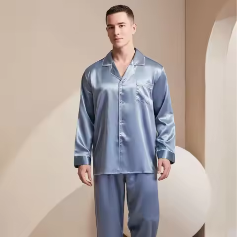100% Mulberry Silk Pajamas Set for Men 22 Momme Silk Fabric With OEKO-TEX 6A Grade Fiber for Skin Me