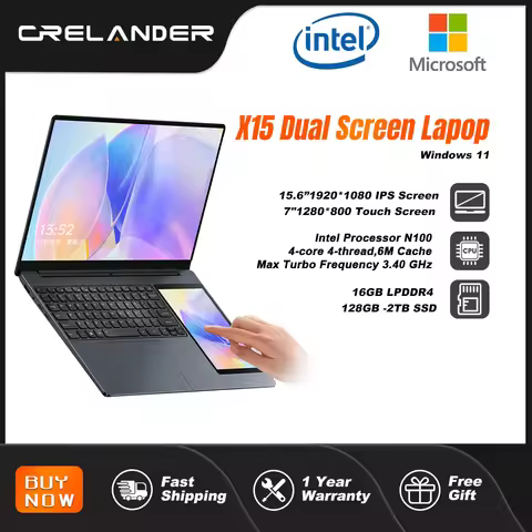CRELANDER X15 Dual Screen Laptop 15.6" IPS+7" Touch Screen 16G DDR4 2TB SSD Intel N100 Processor Win