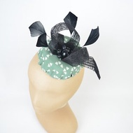 Pillbox Hat with Black Feathers, Beads, Bow Sinamay and Heart Pattern Fabric