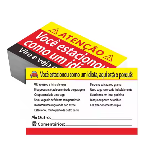 Funny Parking Violation Cards 100 pcs - Humorous Notice for Bad Parking Behavior in Portuguese - Dou