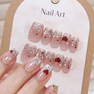 10Pcs Valentine's Day Fake Nails Press Ons Red Heart False Nails Acrylic Short Square Nail Simple Fu