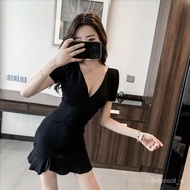 💕FLASH SALE💟Nightclub Women's ClothingvCollar Low-Cut Sexy Dress Short Summer Waist-Controlled Slim Fit Slimming Low-Cut