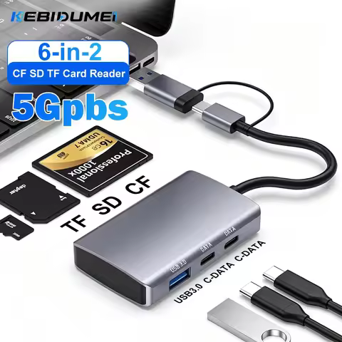 KEBIDUMEI CF SD TF Card Reader 6 in 2 USB 3.0 Hub 5Gbps Type C to USB Type C DATA USB Splitter OTG A