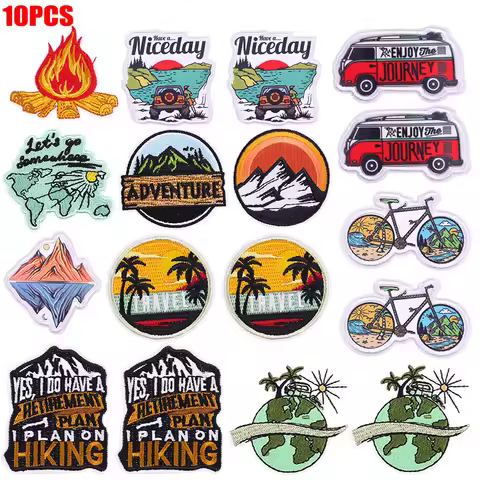 10PCS/Set Mountain Camping/Adventure Embroidery Patches For Jackets Bus Jeep Bicycle Iron On Patches