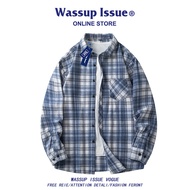 เสื้อเชิ้ตแขนยาวลายสก็อตสไตล์ย้อนยุคสไตล์อเมริกันสำหรับผู้ชาย WASSUP ISSUE เสื้อเชิ้ตผู้ชายฤดูใบไม้ผ
