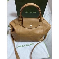 二手真品  Longchamp Le Pliage Cuir 小羊皮 超美棕色 駝色 奶茶色 兩用包