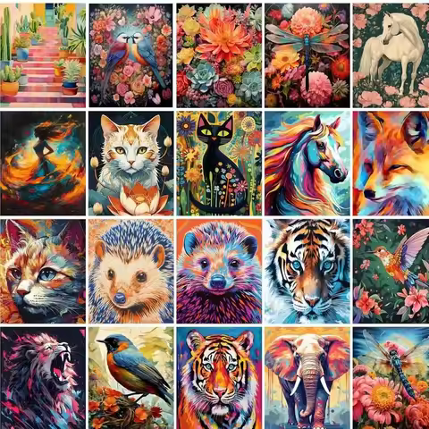 Painting By Numbers Colorful Animals Adult Oil Kit DIY Acrylic Paint Canva Artwork Canva Art Gift Ho