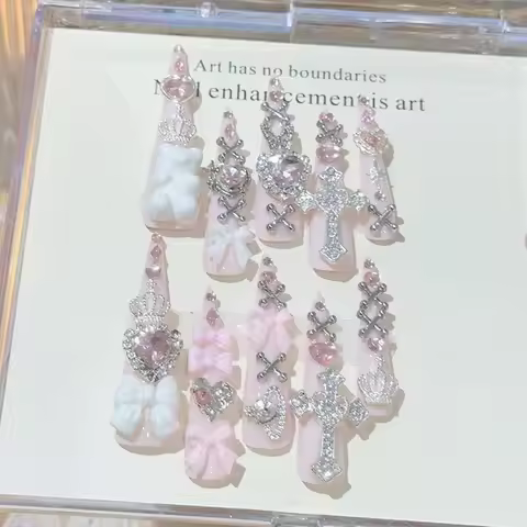 Y2K Pink Jirai Kei Cute Long Handmade Press On Nails Shibuya Gyaru Bow Heart Cross Diamond Stiletto 