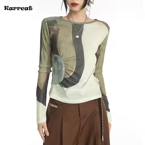 Karrcat Cyber Y2k Tops Japanese Harajuku Patchwork T-shirt Grunge Gradient Print Crop Tops Korean Fa