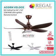 [Free remote] Acorn Veloce 44" / 54" Ceiling Fan with 22W Tri Tone LED, Available in Matt Black, Matt White and Sand Gold - Regal Lighting