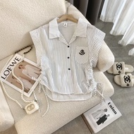 Cropped Apricot Striped Polo Collar Blouse with Bishop Sleeve - Women's Top