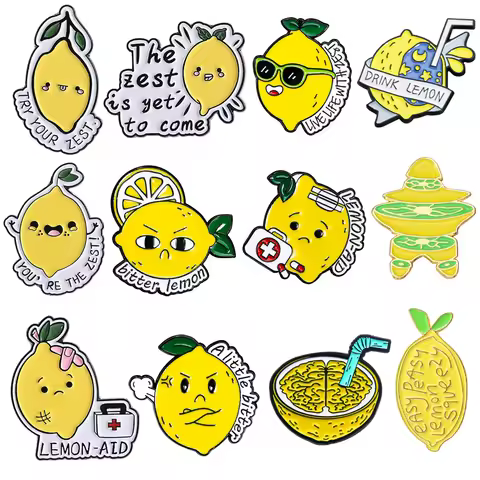 Cartoon Lemon Enamel Brooches Lapel Pin Lemon-Aid Sunglasses Planet Pentagram Angry Lemon Juice Meta