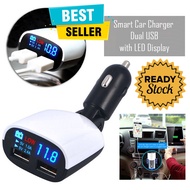 Smart Car Charger Dual USB with LCD Charge Gadget Smartphone Handphone Tablet di Mobil Tahan Lama Tidak Merusak HP 2 USB Port Socket Cas Tegangan 1A 2.1A Casan Isi Ulang Daya Baterai Cepat Fast Charging Interior Mobil - Putih