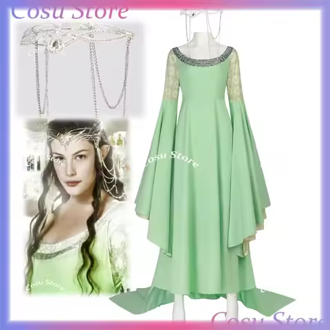 Arwen Cosplay Green Long Dresses Wide Sleeve Crown Props Elven Princess Lady Costumes Halloween Carn