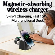 Fast 5 In 1 1 Stand Airpod Clock Charger Stand 12 Phone 15 14 13 Lamp Wireless Alarm RGB For Watch