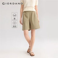 GIORDANO Women Shorts 100% Cotton Lightweight Summer Shorts Half Elastic Waist Pleated Simple Fashio