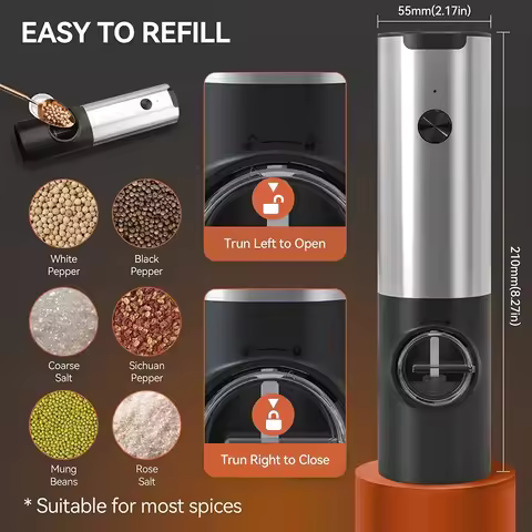 USB Rechargeable Electric Salt Pepper Grinder With Adjustable Roughness Freshly Ground Pepper Pepper
