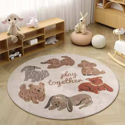 Play Together Dog Round Rug Flannel Printed Carpet Kids Room Decor Soft Cozy Floor Mat Baby Play Are