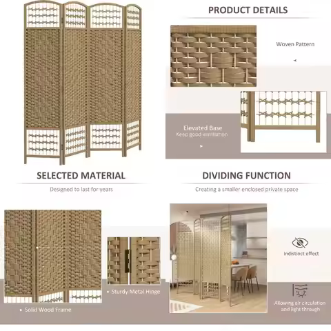 Folding Privacy Screen Room Divider, 4-Panel Wave Design, 5.6 Feet Tall, Natural Fiber, Freestanding