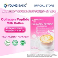 9YOUNG-BASIC Collagen Peptide Milk Coffee，1 Kotak: 15g x 7 Sachet，2250mg Kopi Hitam + 150mg Kolagen 