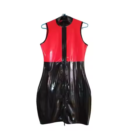 Pure New 100% Latex Rubber Fashion Women Black and Red Sleeveless Zipper Drees With Size XXS-XXL