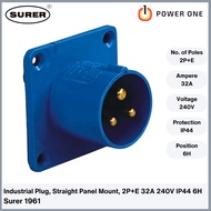 Surer 1961 Industrial Plug, Straight Panel Mount 2P+E, 32A 240V, IP44, 6H (1960 Series)