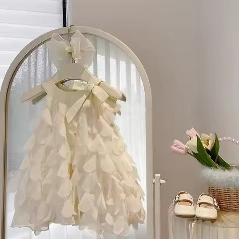 Summer New Pure White Sweet Hanging Neck Bow Petal Princess Dress Girls' Casual Clothes 2-7th Birthd