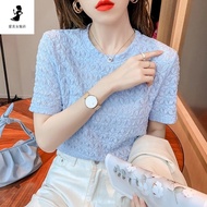 Korean summer T-shirt short-sleeved blouse  women all-match loose lace cotton bottoming  top