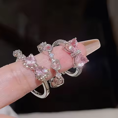 Kpop Retro Gothic Silver Color Heart Metal Ring For Women Girls Vintage Y2k Crystal Open Rings Punk 
